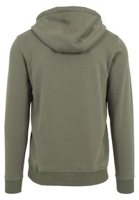 Olijfgroene hoodie met een grote, verstelbare trekkoordkap. Heeft ribbelboorden en een ribbelhem, gemaakt van zachte, gestructureerde stof. Achteraanzicht.