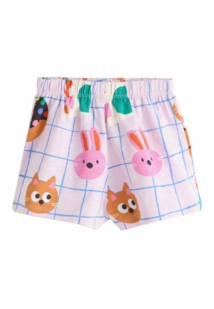 Light pink children's shorts with blue grid pattern and cartoon faces of orange cats and pink rabbits printed all over.