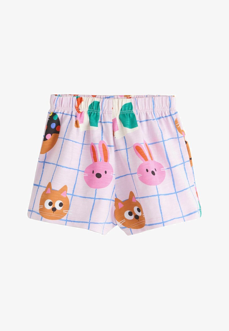 Shorts pour enfants rose clair avec motif à carreaux bleus et dessins de visages de chats orange et de lapins roses imprimés partout.