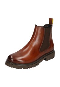 Braune Leder Chelsea-Stiefel mit elastischen Seitenpanelen, einer glatten Oberfläche und einer dicken, strukturierten Gummisohle. Verfügt über eine Zuglasche für ein einfaches Anziehen.