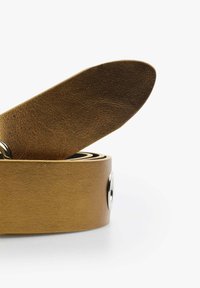 Leather belt in warm brown color, featuring a smooth texture and a metallic snap closure, coiled with a pointed end showing.