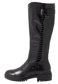 Bottes noires montantes avec une finition en cuir lisse et des accents brillants. Dotées d'une boucle sur le côté et d'un design de rayures verticales texturées.
