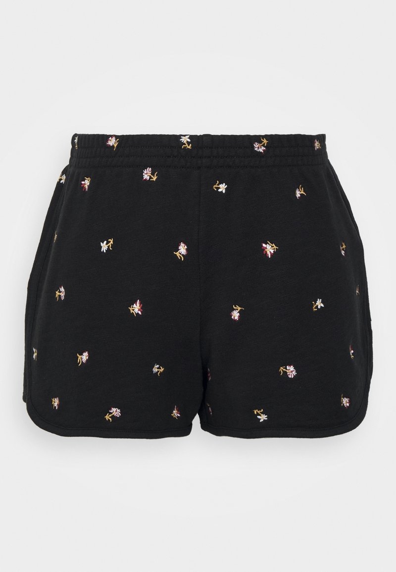 Shorts décontractés noirs avec une petite broderie florale multicolore et une taille élastique, présentés à plat sur un fond blanc.