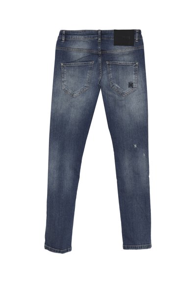 Jeans in denim blu scuro con una finitura leggermente usurata, cinque tasche e un'etichetta nera sul retro. Design a gamba dritta.