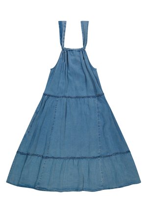 Blauwe mouwloze jurk met gelaagde rok, een geraffineerde halslijn en brede schouderbanden, gemaakt van lichtgewicht denimstof.