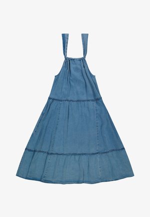 Sinine varrukateta kihiline kleit kogutud kaelusega ja laiade õlapaeltega, valmistatud kergest teksariidest kangast.