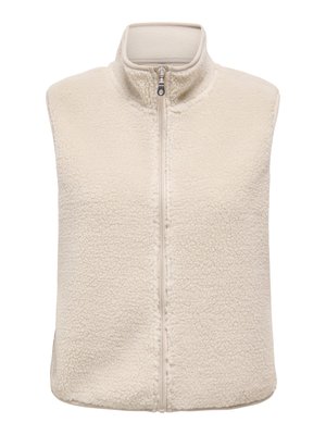 Fleeceväst i krämfärg med hög krage, dragkedja framtill och texturerad yta. Ärmlös design för lager-på-lager-värme.