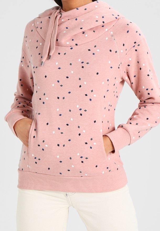 Felpa rosa chiaro con cappuccio, caratterizzata da una stampa dispersa di forme geometriche in blu navy, grigio e bianco. Include tasche frontali e polsini a coste.