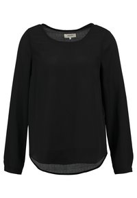 Blouse noire à manches longues avec un décolleté arrondi et un ourlet légèrement asymétrique. Fabriquée en tissu lisse avec une légère brillance. Dispose d'une étiquette à l'intérieur.