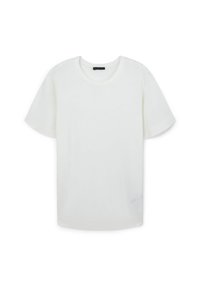 T-shirt bianca a maniche corte in un tessuto morbido e leggero con collo rotondo. Texture liscia e vestibilità rilassata, con un'etichetta del marchio discreta sull'orlo.