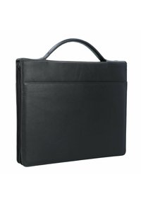 Black leather laptop bag with a smooth texture, slim rectangular shape, top handle, and a flat exterior pocket.