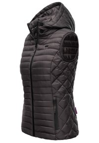 Quilted sleeveless vest in dark gray, featuring a high collar, zippered front, and two side pockets with black zippers for added functionality.