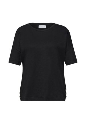 T-shirt noir à manches courtes avec col rond, détails de boutons des deux côtés près de l'ourlet, devant uni et coupe décontractée.