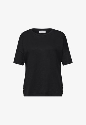 T-shirt noir à manches courtes avec col rond, détails de boutons des deux côtés près de l'ourlet, devant uni et coupe décontractée.