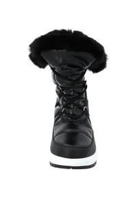 Bota de invierno negra con borde de piel, cordones en la parte delantera, parte superior acolchada y suela blanca, diseñada para climas fríos y uso al aire libre.