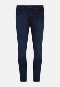 Jeans slim fit di denim di colore blu scuro. Presentano cinque tasche, chiusura con bottone frontale e leggera scoloritura sulle cosce.