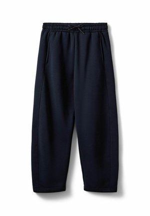 Pantalon décontracté bleu marine avec taille élastique et cordon, coupe droite et poches latérales, présenté sur fond blanc.