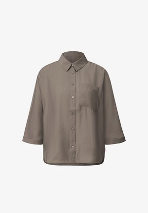 Kurzärmeliges, knöpfbares Hemd in einem gedämpften Graubraun. Hergestellt aus glattem Stoff mit einer Tasche auf der linken Seite und einem klassischen Kragendesign.