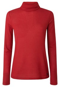 Haut à manches longues rouge à col roulé en tissu côtelé, présentant une silhouette cintrée et une texture lisse. Aucun motif ou accent visible.