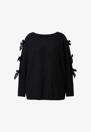 Černý svetr s dlouhými rukávy, kulatým výstřihem a šesti dekorativními saténovými mašlemi probíhajícími po obou rukávech.