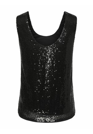Débardeur noir en sequins avec décolleté en scoop, présentant des sequins brillants recouvrant l'avant et un dos en tissu lisse.
