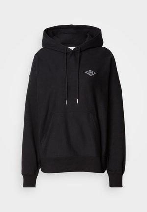 Zwart hoodie gemaakt van een katoenmengsel, met een voorzak, zilverkleurige trekkoorden en een klein diamantvormig logo op de borst.