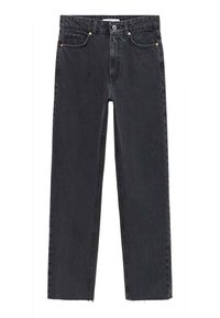 Vaqueros de mezclilla negra de pierna recta con cintura alta, cinco bolsillos y remaches en tono dorado. Los dobladillos deshilachados añaden detalle al diseño.