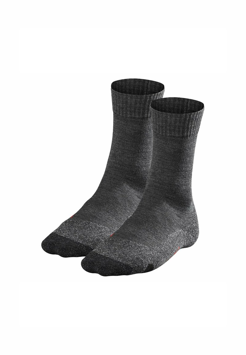 Calcetines grises de tela texturizada, con un puño acanalado y una zona de punta reforzada con sutiles acentos.