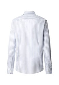 Lichtblauw en wit gestreept overhemd met lange mouwen, featuring een getailleerde pasvorm, knoopmanchetten en een traditionele kraag. Soepele katoenen stof.