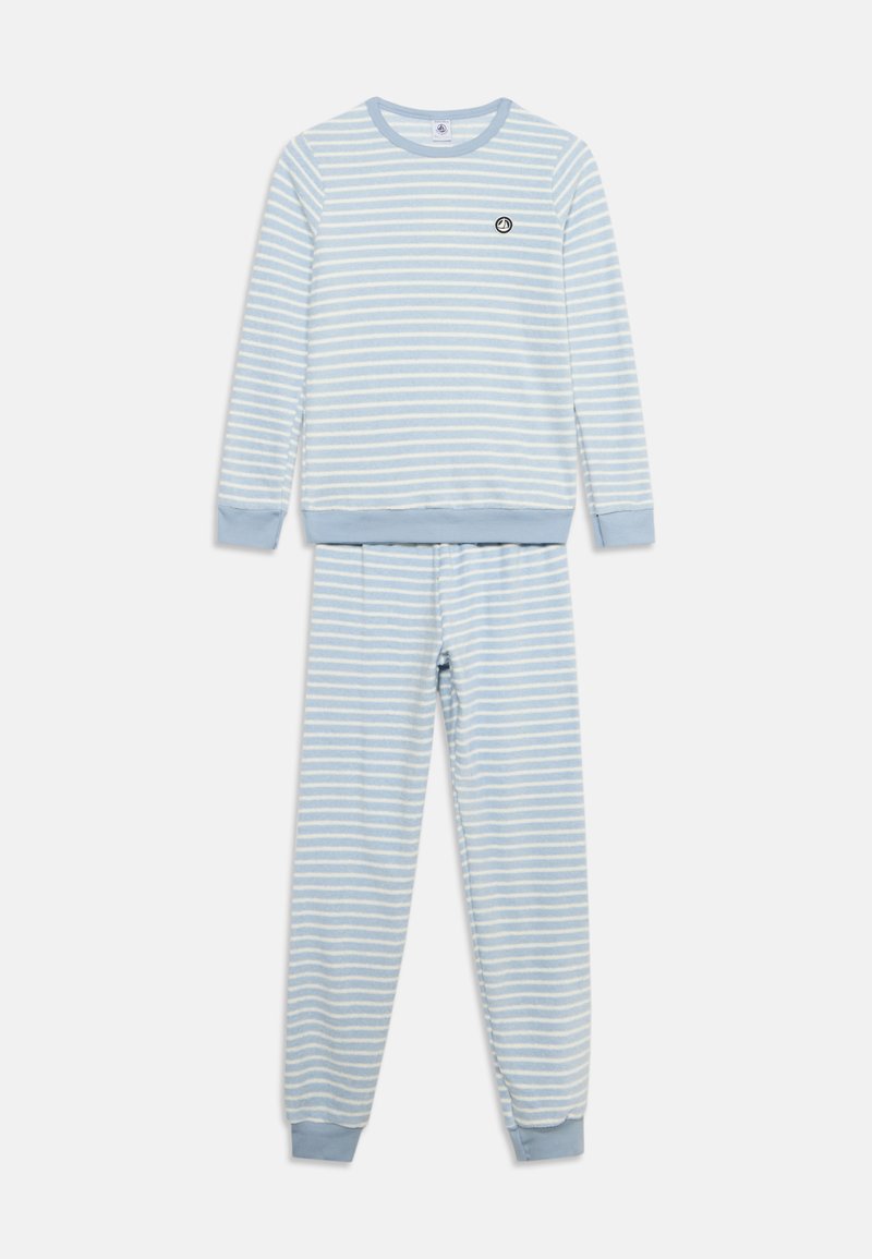 Ensemble pyjama rayé horizontal bleu clair et blanc, avec un haut à manches longues et un pantalon, des poignets et un petit logo rond sur la poitrine.