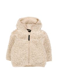 Veste en polaire beige clair avec une surface texturée et duveteuse, fermeture éclair sur le devant et capuche. Doublure intérieure douce pour plus de confort.