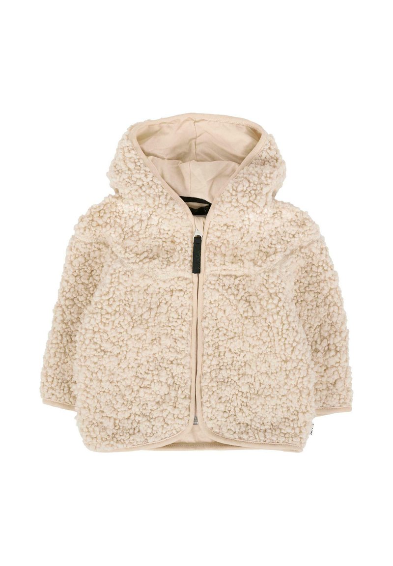 Veste en polaire beige clair avec une surface texturée et duveteuse, fermeture éclair sur le devant et capuche. Doublure intérieure douce pour plus de confort.