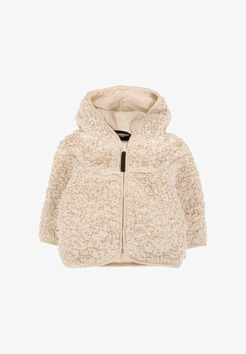 Lichtbeige fleece jack met een gestructureerd, pluizig oppervlak, voorkant met rits en een capuchon. Zachte binnenvoering voor extra comfort.