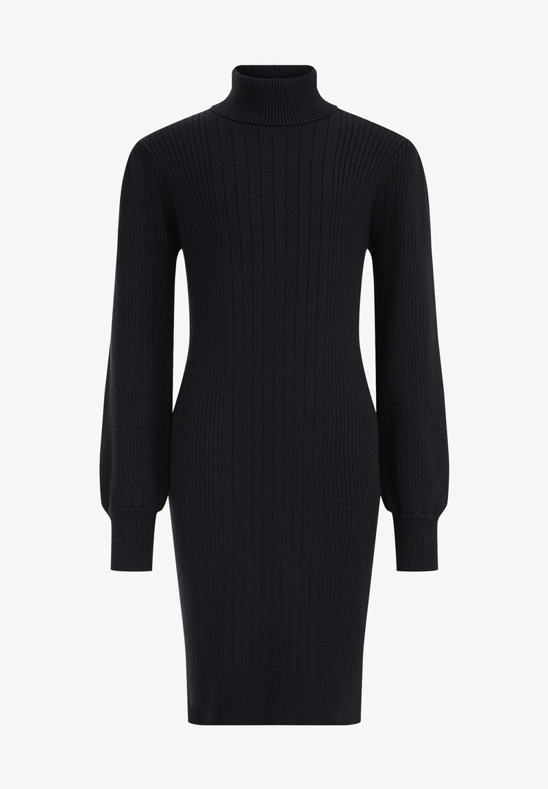 Robe noire en maille côtelée à manches longues avec col roulé et silhouette cintrée, s'arrêtant au-dessus du genou.