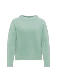 Pull vert menthe, en tissu duveteux, à manches longues et col montant. Tissu doux et texturé offrant une coupe décontractée. Design simple, sans motifs.