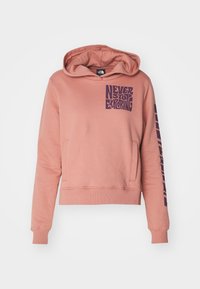 Sweat à capuche rose poudré avec poches avant et texte violet foncé "Never Stop Exploring" sur la poitrine et la manche.