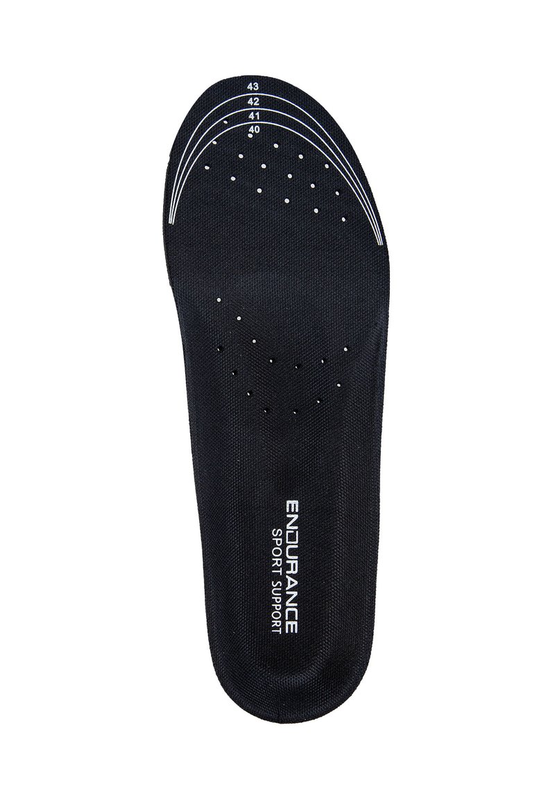 Black sports insole with ventilation holes, size markings 40-43, and "Endurance Sport Support" printed near the heel.