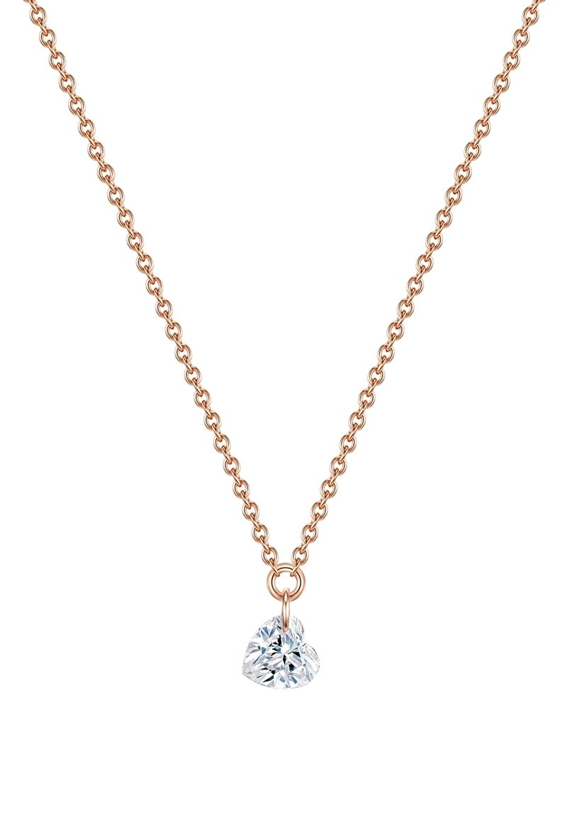 Roosakuldne ahelkaelakee, millel on südamekujuline selge vääriskivi ripats, disainitud sujuvate lingitega, et saavutada õrn välimus.