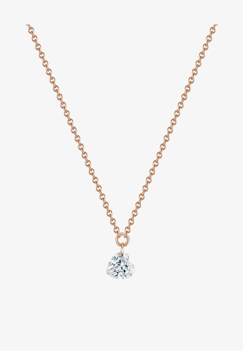 Roosakuldne ahelkaelakee, millel on südamekujuline selge vääriskivi ripats, disainitud sujuvate lingitega, et saavutada õrn välimus.