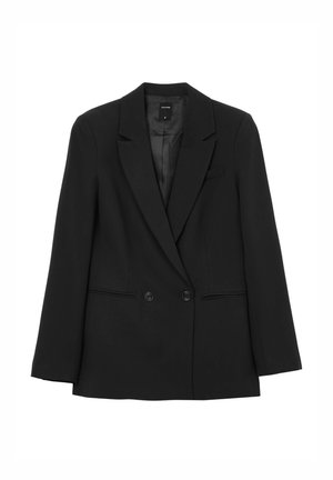 Schwarzer doppelt geknöpfter Blazer mit Reverskragen, zwei Fronttaschen, Knopfverschluss und glatter Oberfläche. Entworfen für eine maßgeschneiderte Passform.