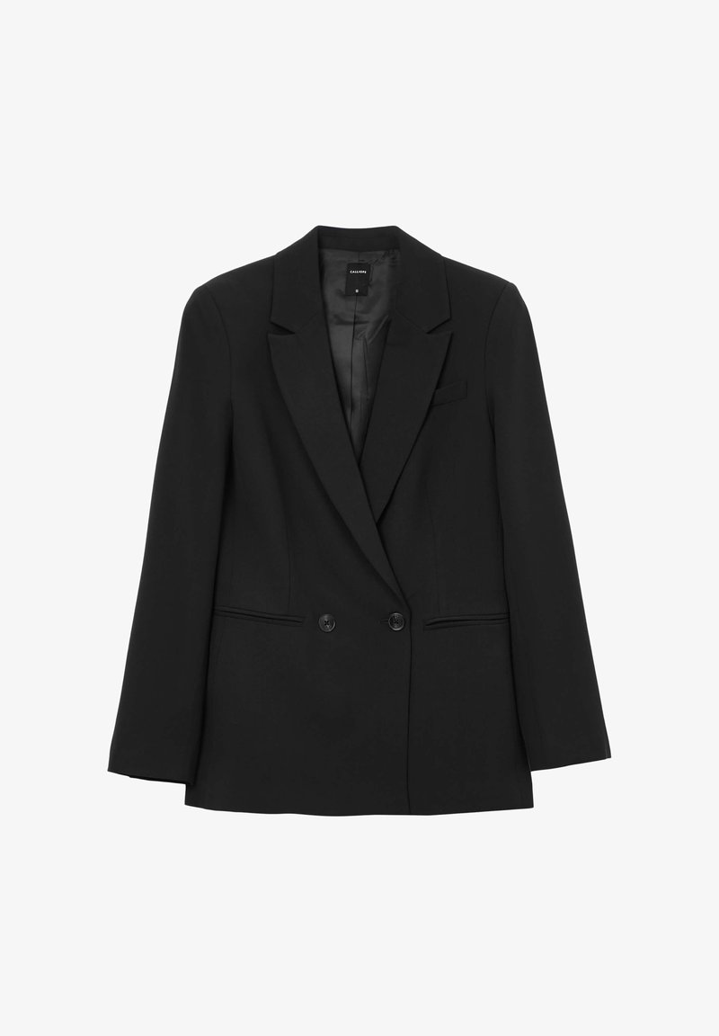 Blazer nero doppiopetto con revers a punta, due tasche frontali, chiusura a bottone e finitura liscia. Progettato per una vestibilità su misura.