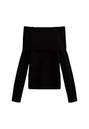 Haut noir à manches longues, décolleté épaule, avec une coupe ample, fabriqué en tissu doux, doté d'un large col et de manches fuselées.