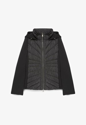 Schwarze Kapuzenjacke mit gestepptem Vorderteil, glatten Ärmeln und durchgehendem silbernem Reißverschluss.