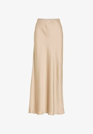 Bež duga satenska suknja s visokim strukom i laganim, glatkim tkaninom koja seže do poda.