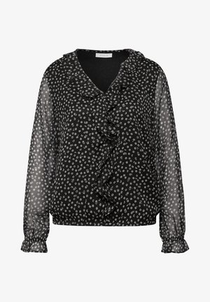 Blusa nera con motivo floreale bianco, collo e fronte arruffati, maniche trasparenti e polsini elastici, realizzata in tessuto leggero.