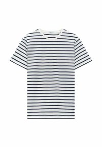 Weißes Baumwoll-T-Shirt mit horizontalen dunkelblauen Streifen, kurzen Ärmeln und Rundhalsausschnitt. Glatte Textur, keine bemerkbaren Hardware-Elemente oder Akzente.
