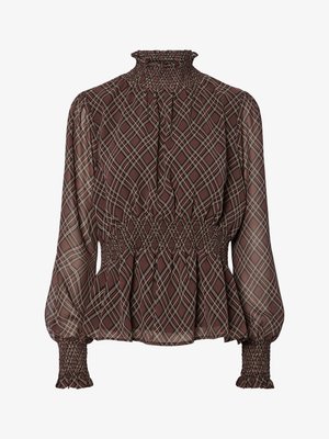 Blouse à carreaux marron avec un col et des poignets froncés, en tissu léger et silhouette péplum. Motif à carreaux distinctif sur tout le vêtement.