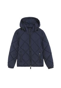 Chaqueta acolchada azul marino con capucha, que presenta una cremallera frontal, dos bolsillos laterales y puños elásticos. Tela texturizada con patrón de diamante.