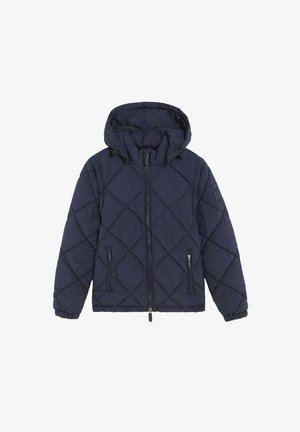 Giacca trapuntata blu navy con cappuccio, dotata di zip frontale, due tasche laterali e polsini elastici. Tessuto testurizzato con motivo a diamante.