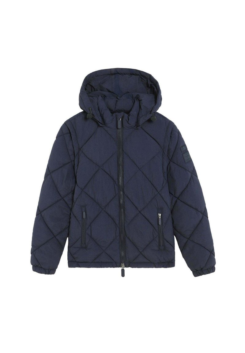 Chaqueta acolchada azul marino con capucha, que presenta una cremallera frontal, dos bolsillos laterales y puños elásticos. Tela texturizada con patrón de diamante.